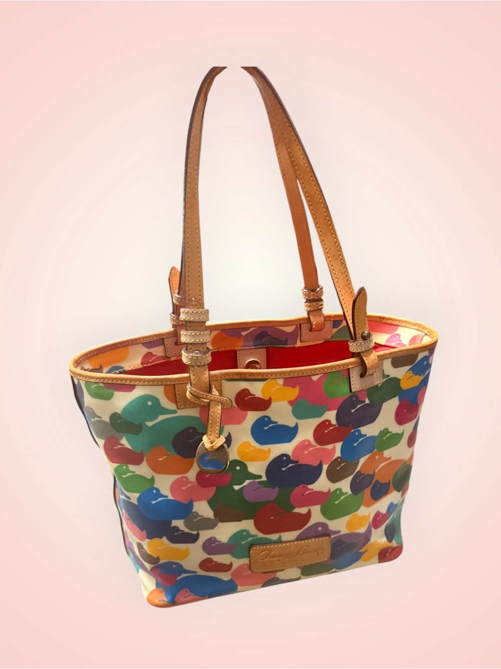 Rare Dooney & Bourke Multicolor Duck-Print Tote with Tan Leather Straps